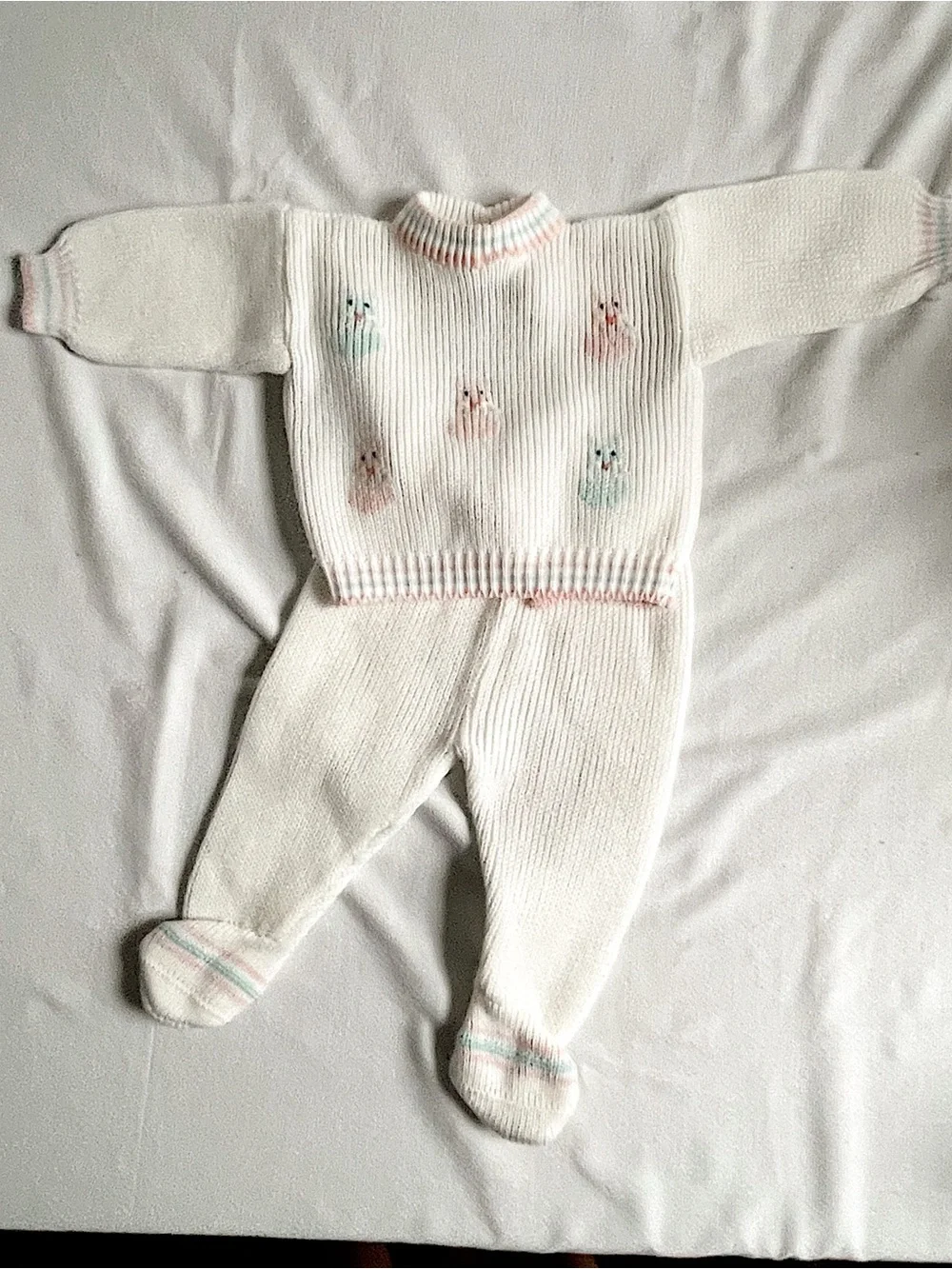VINTAGE 80s Outfit Set Sweater Shirt Pants Footies Long Knit Bunny Pink Blue